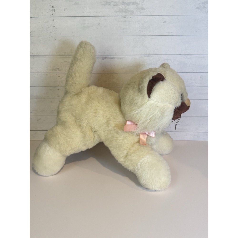 Vintage Tonka Pound Purries White Persian Cat Plush Stuffed Animal Pink Ribbon